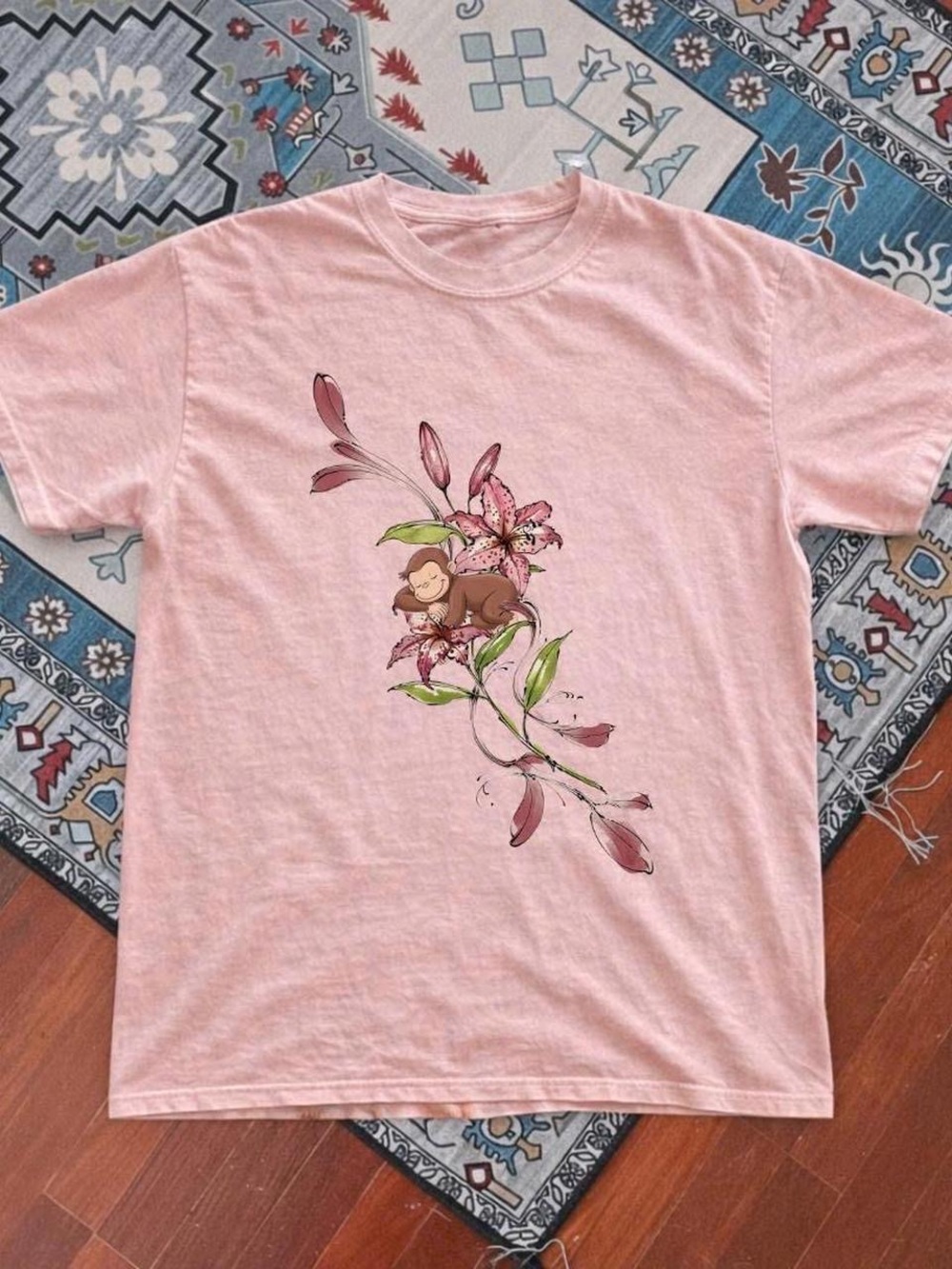 Gildan Pink Floral Monkey Graphic Tee